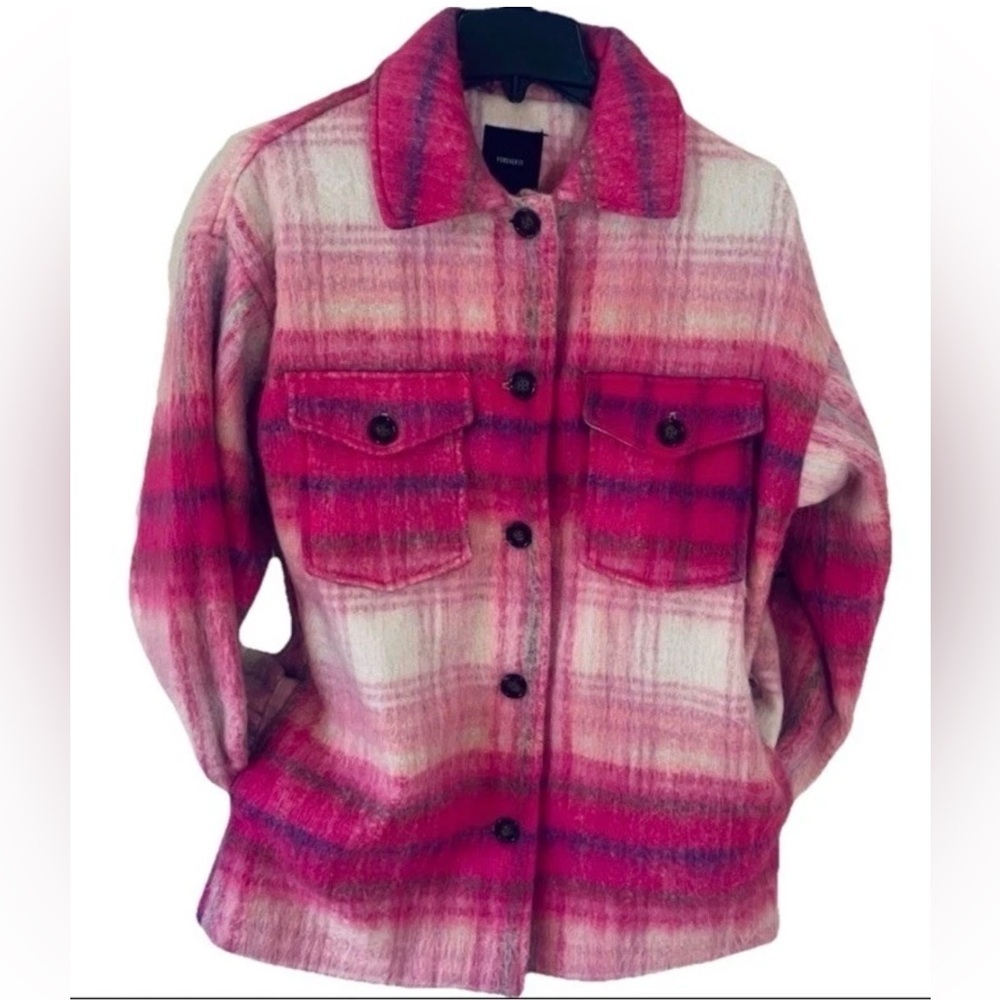 Forever 21 Plaid Flannel Pink Oversized Jacket Wool Blend Women’s MEDIUM New - Picture 4 of 10